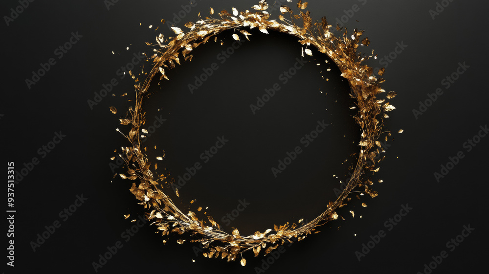 Golden round frame adorned with leaves or splashes of gold, isolated on a black background. Includes space for text, designed as clipart. 3D render. Golden round frame adorned with leaves or splashes of gold, isolated on a black background. Includes space for text, designed as clipart. 3D render.