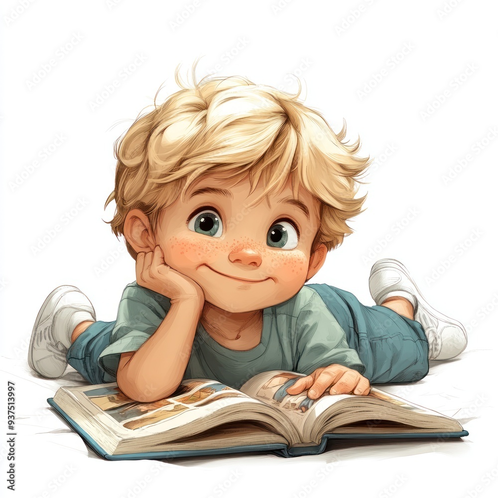 Cute Boy Reading a Book Illustration Cute Boy Reading a Book Illustration