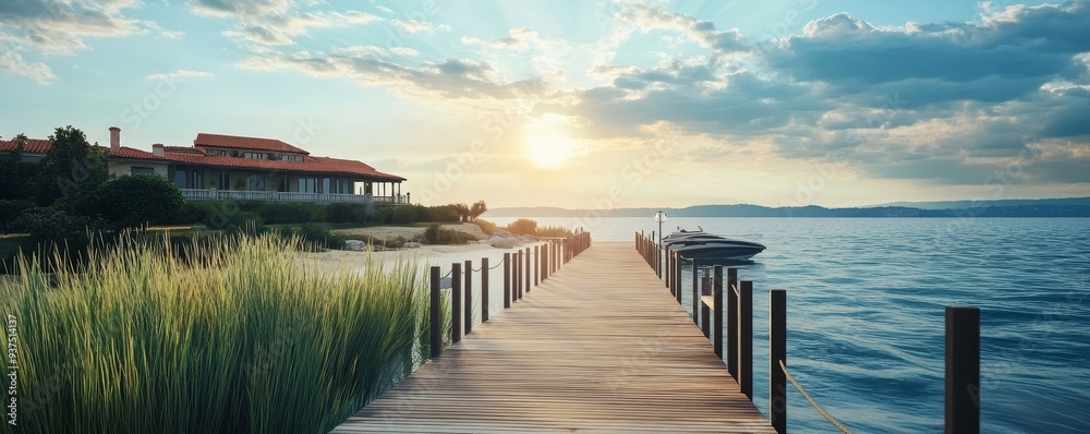 Fototapeta premium Wooden dock leads to a lake house with a beautiful sunset sky.