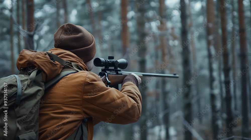 Fototapeta premium Hunter during hunting in a forest, holding a rifle and aiming at a deer.