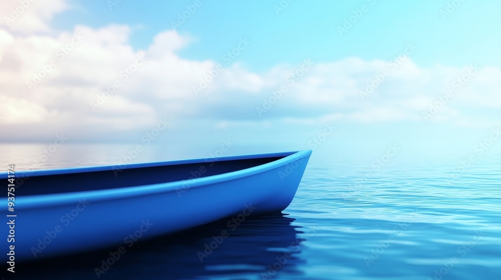 A blue canoe floats peacefully on a calm blue sea under a cloudy sky. A blue canoe floats peacefully on a calm blue sea under a cloudy sky.