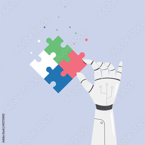 Robot hand holding puzzle. Partnership with a robot concept. Business industry robot factory concept.