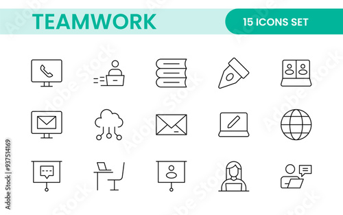 Teamwork linear icons collection. Set of coworking space icons. Business teamwork, team building, work group, and human resources minimal thin line web icon set.