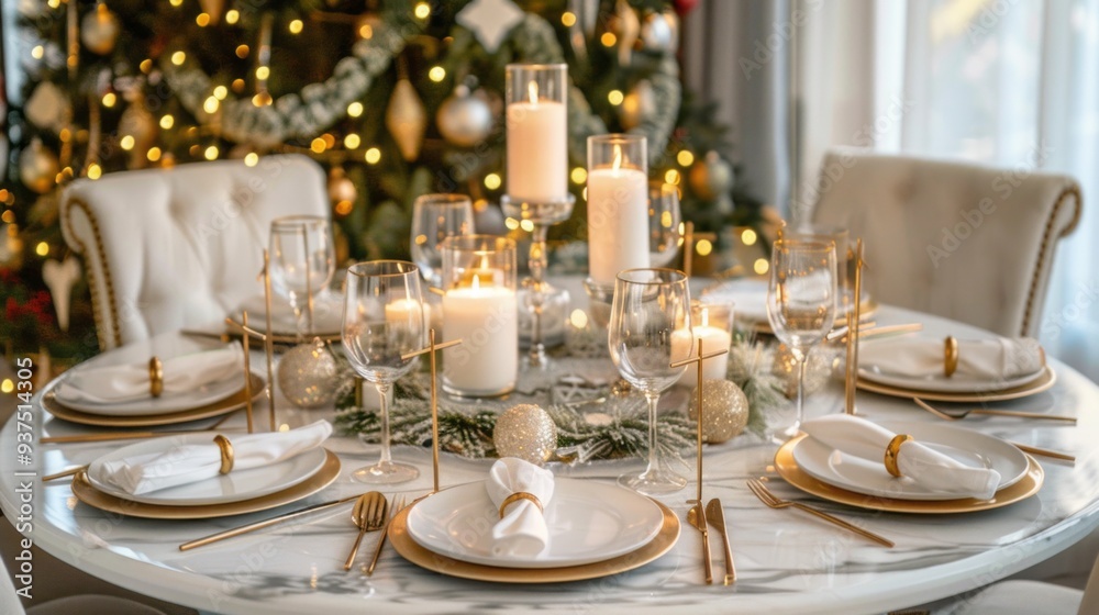 A beautiful dining setup showcases a round white marble table with golden accents and elegant tableware, all against a sparkling Christmas tree, ideal for festive gatherings A beautiful dining setup showcases a round white marble table with golden accents and elegant tableware, all against a sparkling Christmas tree, ideal for festive gatherings