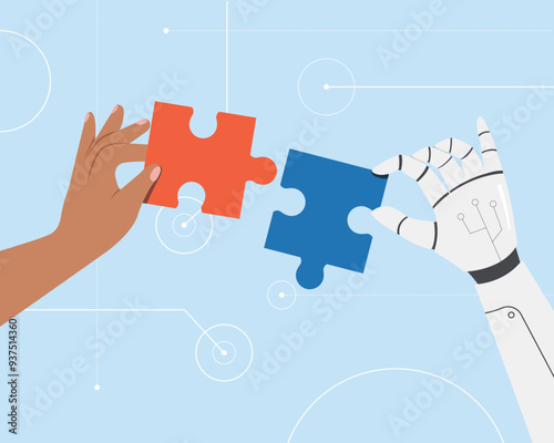 Robot and people hand holding puzzle. Partnership with a robot concept. Human and AI Working Together.