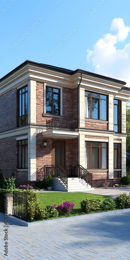 Modern Two Story House with Brick Facade and Green Lawn