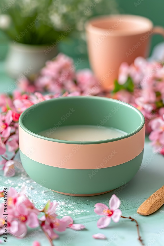 Green Bowl of Milk with Pink Flowers on a Turquoise Table Green Bowl of Milk with Pink Flowers on a Turquoise Table