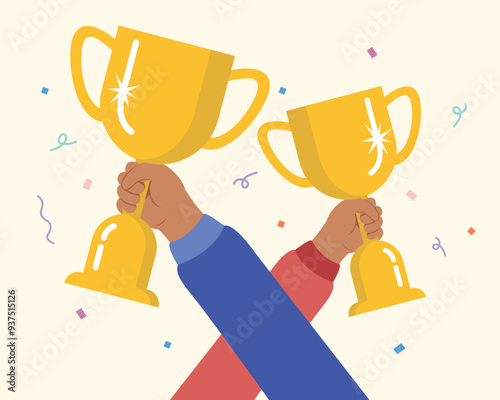 Winner prize goblet, Hand holding gold trophy cup. Winner trophy award.