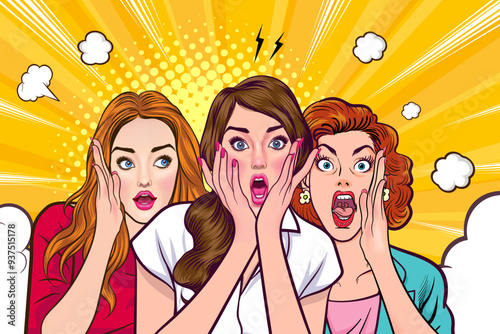 Woman whispering gossip secret to her friend surprise In Retro Vintage Pop Art Comic Style