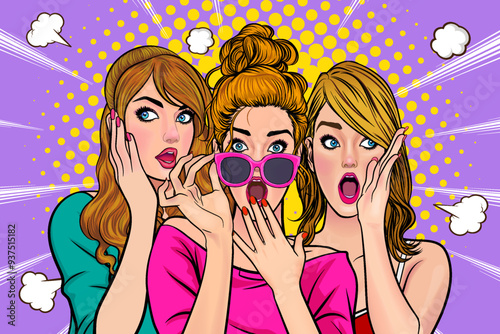 Woman whispering gossip secret to her friend surprise In Retro Vintage Pop Art Comic Style