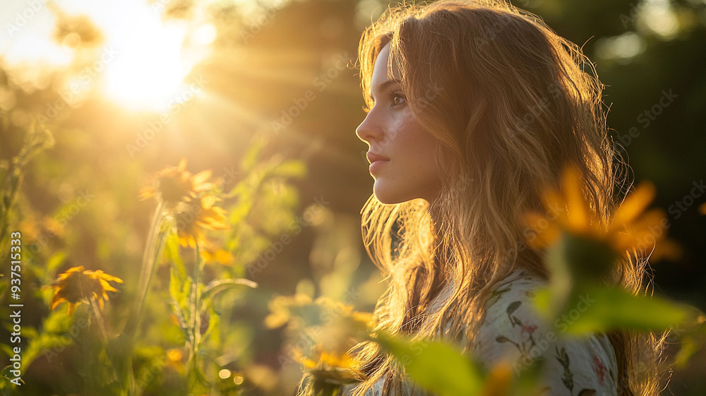 Embracing sunset's glow, a young woman stands amid sunflowers in a serene field, reflecting on nature's beauty during golden hour Embracing sunset's glow, a young woman stands amid sunflowers in a serene field, reflecting on nature's beauty during golden hour