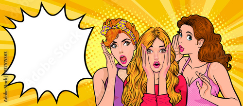 Woman whispering gossip secret to her friend surprise In Retro Vintage Pop Art Comic Style