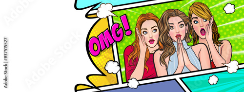 Woman whispering gossip secret to her friend surprise In Retro Vintage Pop Art Comic Style