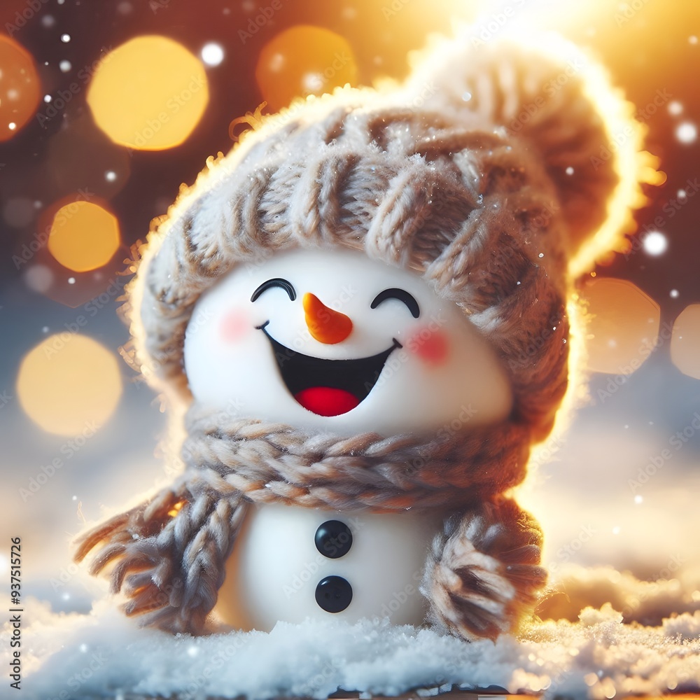 Obraz premium Cute Laughing Snowman with Wool Hat & Scarf - Photorealistic Winter Scene with Bokeh Lights