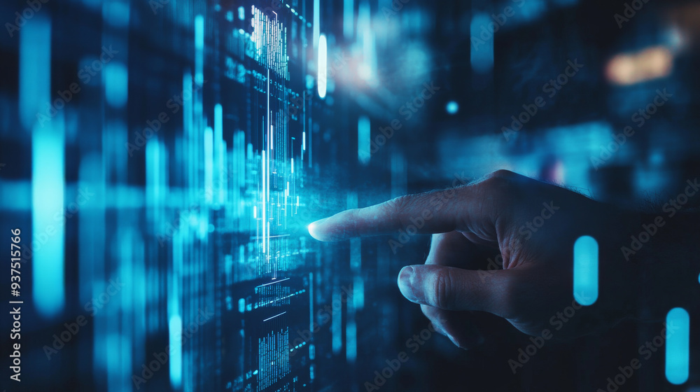 Office man touching a virtual HUD screen displaying stock market changes, with a business candlestick chart. Double exposure of blue and white lines, growing numbers, and online trading indicators. Office man touching a virtual HUD screen displaying stock market changes, with a business candlestick chart. Double exposure of blue and white lines, growing numbers, and online trading indicators.