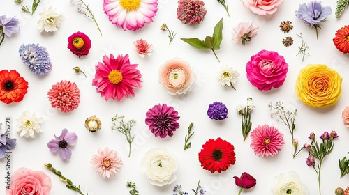 Creative flat lay of assorted flowers in vibrant hues, arranged in a geometric pattern on a white background, perfect for a fresh and modern look.