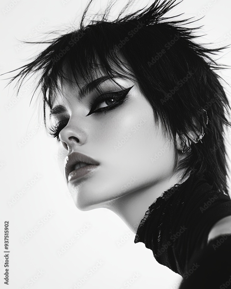 Design a dynamic shot of an emo-styled person in a dramatic pose, with ...
