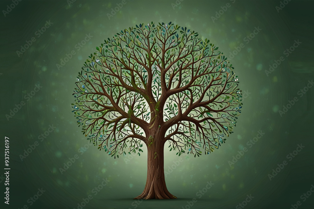 Tree branches form a brain shape on a green background, symbolizing nature's intelligence and the harmony of mind and environment