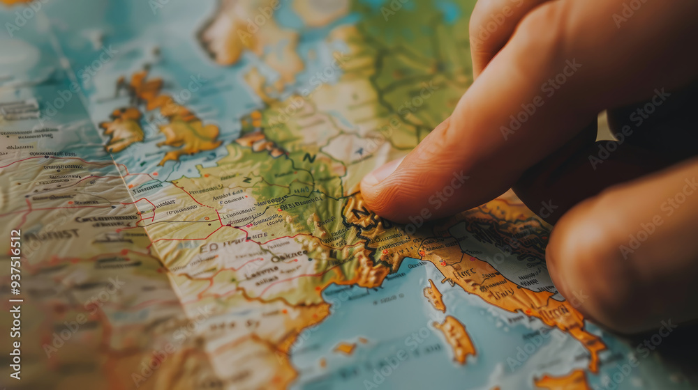 A map with a finger pointing to a destination, symbolizing decisions in travel and life direction. A map with a finger pointing to a destination, symbolizing decisions in travel and life direction.