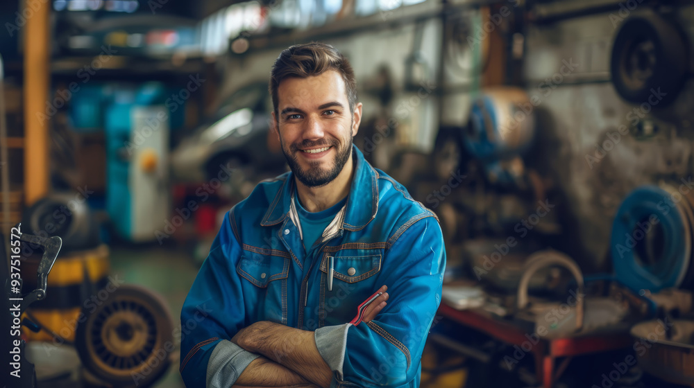 A mechanic in blue overalls, holding a wrench, standing in an auto repair shop, smiling. A mechanic in blue overalls, holding a wrench, standing in an auto repair shop, smiling.