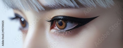 Create a close-up of a model’s eyes with emo eyeliner, emphasizing the detailed application and dramatic look against a pure white backdrop, more clarity with clear light and sharp focus, high photo