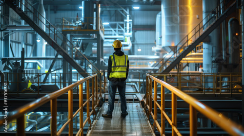 A lone figure in a safety vest stands on a catwalk overlooking the factory floor, surveying the industrial landscape below.