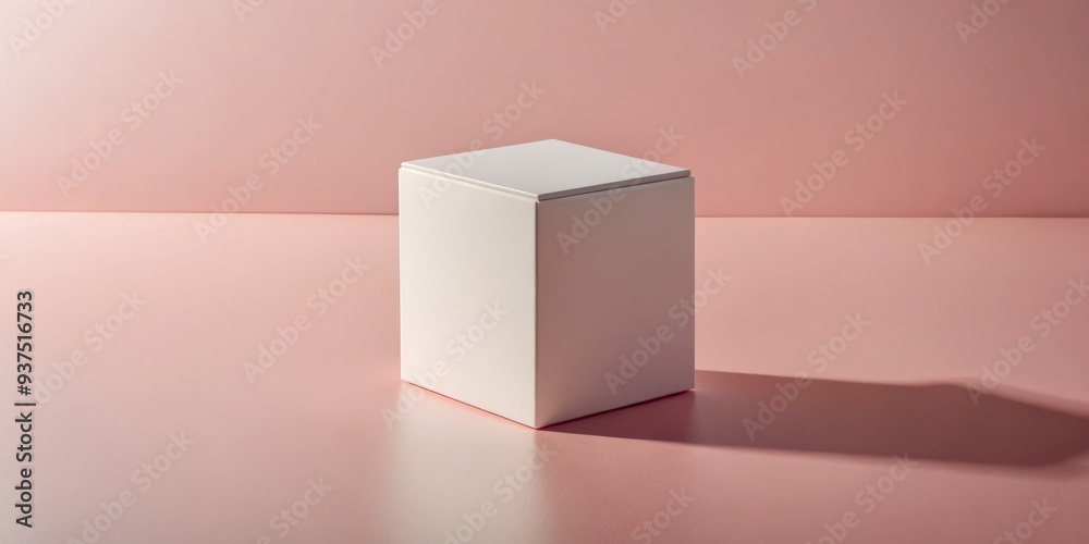 Minimalist white product packaging box isolated on pastel pink background with subtle shadows and highlights, emphasizing simplicity and elegance, 3d rendering, soft focus effect. Minimalist white product packaging box isolated on pastel pink background with subtle shadows and highlights, emphasizing simplicity and elegance, 3d rendering, soft focus effect.