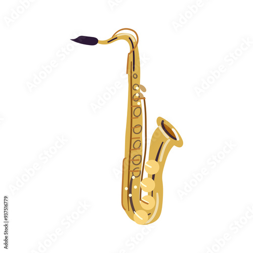 Classical golden saxophone icon. Professional gold sax. Wind, brass music instrument to play tunes, melody in jazz concert, blues performance. Flat isolated vector illustration on white background