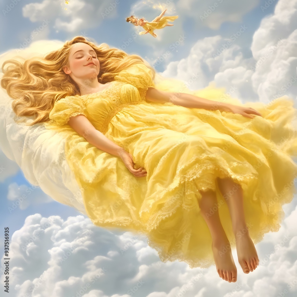Woman Sleeping in the Clouds with Fairies Woman Sleeping in the Clouds with Fairies