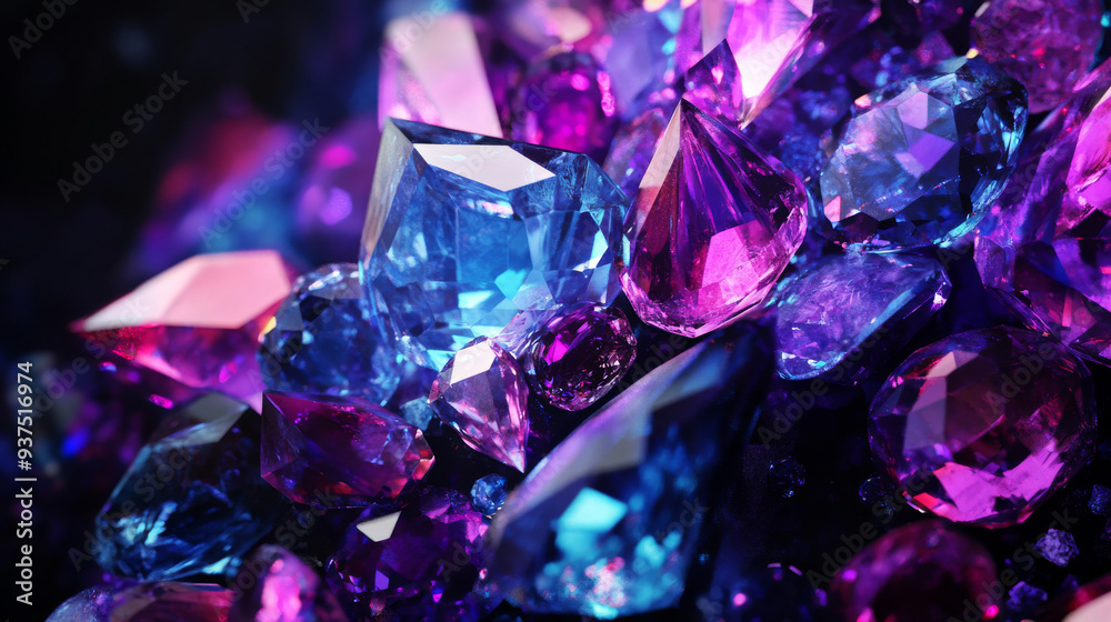 Background featuring purple and blue gemstones, including tourmaline, aquamarine, topaz, and sapphire, set against a black backdrop. 3D render. Background featuring purple and blue gemstones, including tourmaline, aquamarine, topaz, and sapphire, set against a black backdrop. 3D render.