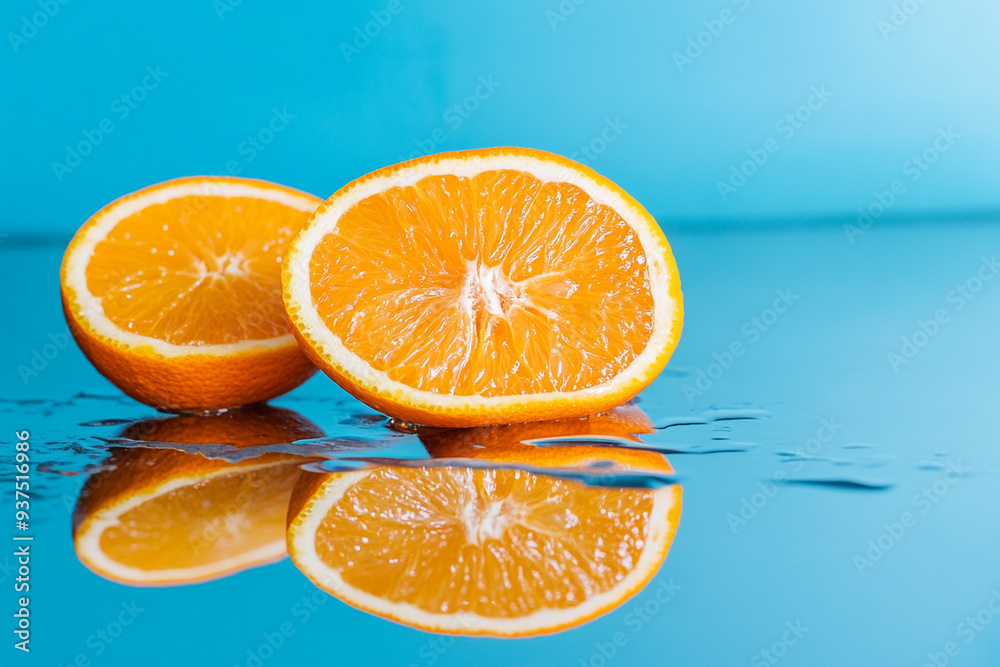 Fresh orange halves reflect beautifully on glossy surface, showcasing their vibrant color against blue background. image evokes sense of freshness and vitality. Fresh orange halves reflect beautifully on glossy surface, showcasing their vibrant color against blue background. image evokes sense of freshness and vitality.