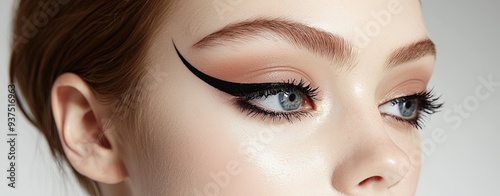 Design a photo of a model demonstrating emo eyeliner application with a clean white background, capturing the precision and style of the makeup, more clarity with clear light and sharp focus, high photo