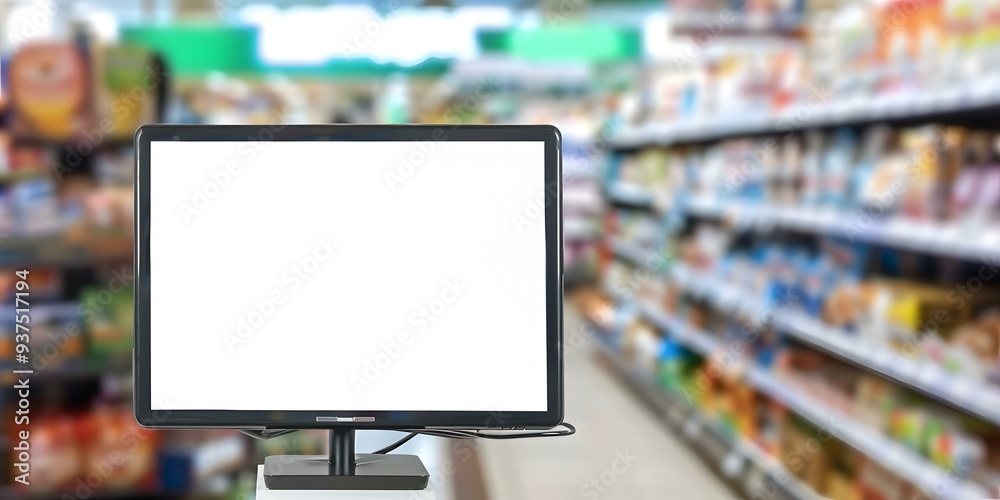 Blank Monitor Display in Grocery Store Aisle Blank Monitor Display in Grocery Store Aisle
