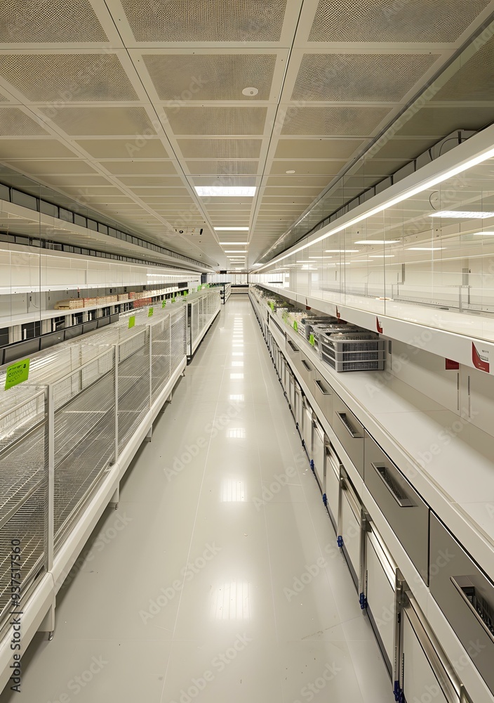 Empty Metal Shelves in a Long White Corridor Empty Metal Shelves in a Long White Corridor
