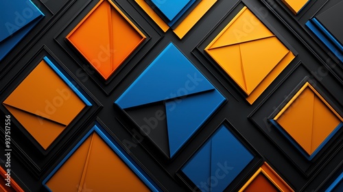 Vibrant abstract geometric background with layers of blue and orange shapes arranged on a black surface, perfect for modern designs.