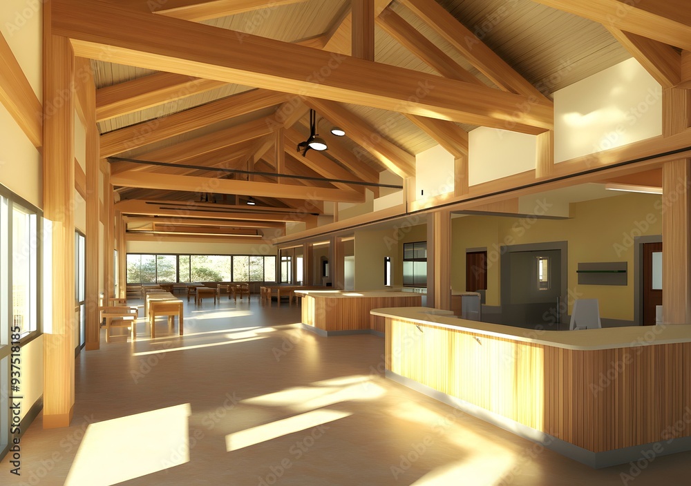 Modern Wooden Interior Design with High Ceiling and Large Windows Modern Wooden Interior Design with High Ceiling and Large Windows