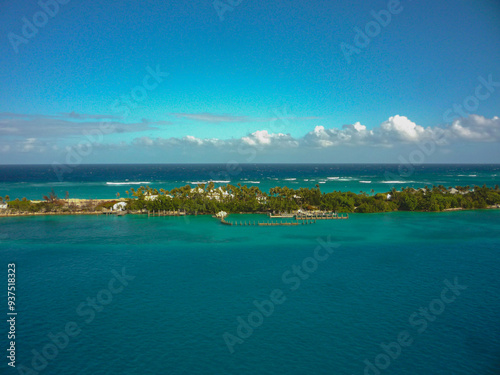 Beautiful tropical island paradise beach and landscape nature scenery on The Bahamas islands with turquoise crystal clear Caribbean Sea ocean photo