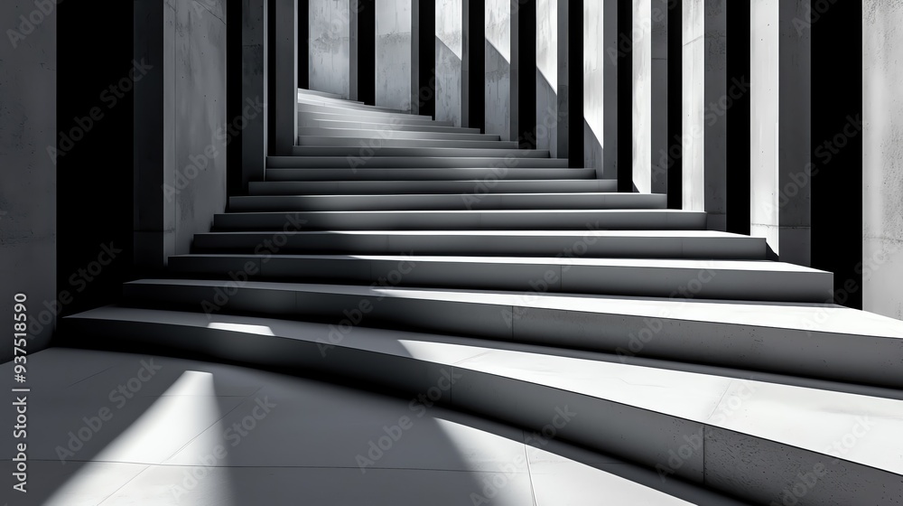 Fototapeta premium Modern staircase with sleek lines and shadows creating an intriguing perspective in a minimalist architectural setting.