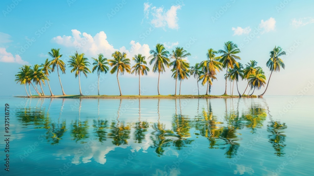 A cluster of coconut trees lining a tranquil tropical lagoon, their reflections shimmering in the crystal-clear water. A cluster of coconut trees lining a tranquil tropical lagoon, their reflections shimmering in the crystal-clear water.