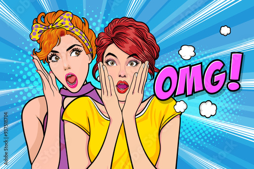 Woman whispering gossip secret to her friend surprise In Retro Vintage Pop Art Comic Style