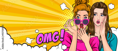 Woman whispering gossip secret to her friend surprise In Retro Vintage Pop Art Comic Style