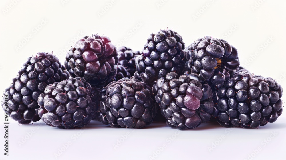 A cluster of ripe, plump blackberries, their glossy skins glistening with dewdrops A cluster of ripe, plump blackberries, their glossy skins glistening with dewdrops