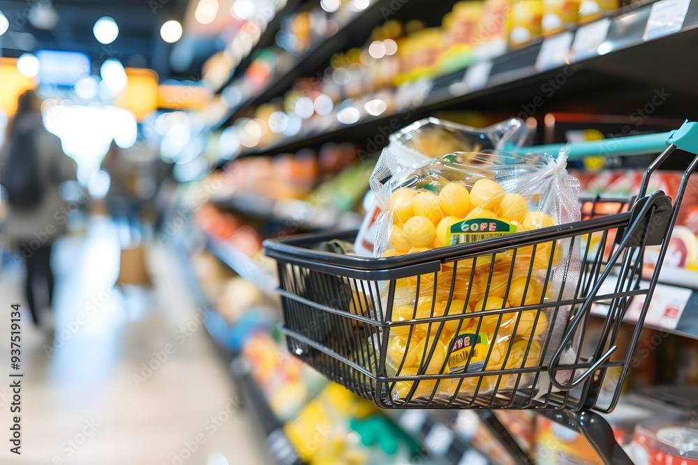 Closeup of a shopping cart with yellow cheese balls in a supermarket Closeup of a shopping cart with yellow cheese balls in a supermarket