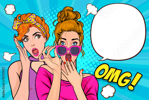 Woman whispering gossip secret to her friend surprise In Retro Vintage Pop Art Comic Style