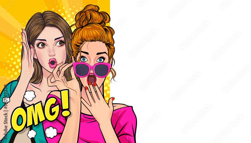 Woman whispering gossip secret to her friend surprise In Retro Vintage Pop Art Comic Style Woman whispering gossip secret to her friend surprise In Retro Vintage Pop Art Comic Style