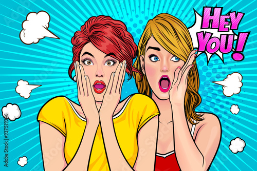 Woman whispering gossip secret to her friend surprise In Retro Vintage Pop Art Comic Style