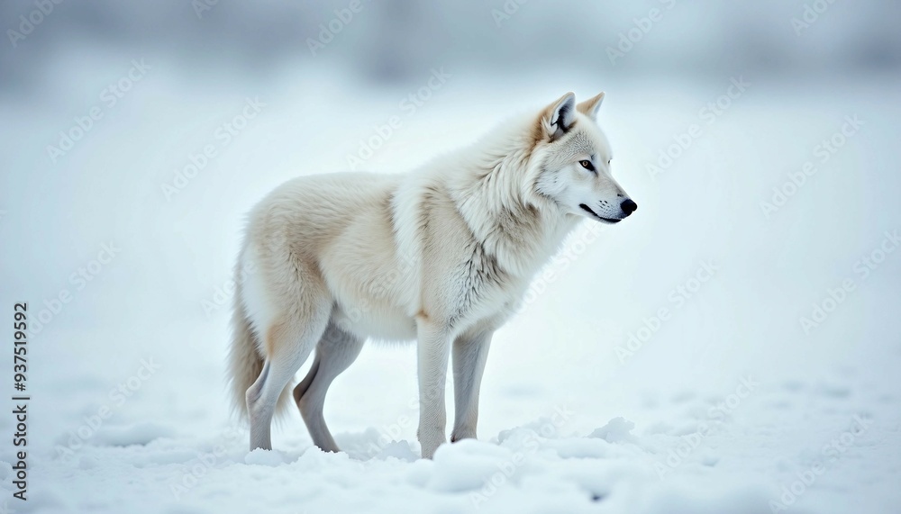 Obraz premium A Tundra Wolf, camouflaged in snowy tundra, blends into the icy landscape, highlighting its graceful stance.