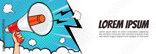 Hand holds megaphone bullhorn in retro pop art comic style Advertising banner with megaphone. Announcement of news, sales, special offer, sale, Loudspeaker announces