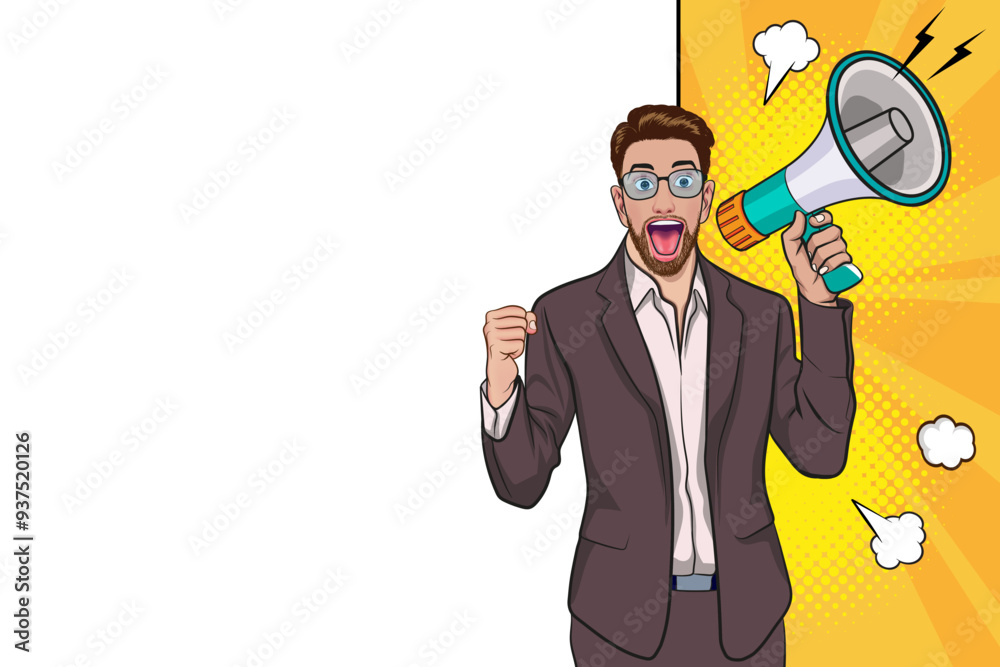 Business man with loudspeaker megaphone announcing discount or sale Special offer shopping time Business man with loudspeaker megaphone announcing discount or sale Special offer shopping time