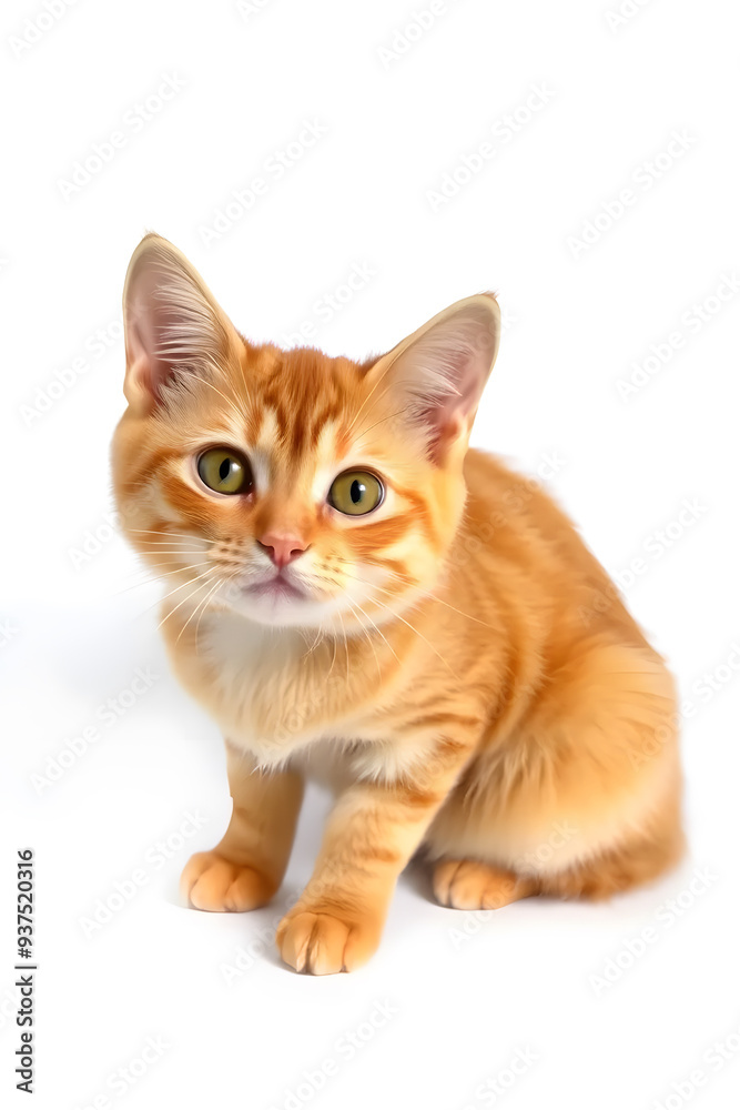Obraz premium A cute orange tabby kitten with large green eyes, sitting against a white background. The kitten has a fluffy coat with distinctive stripes and a curious expression.